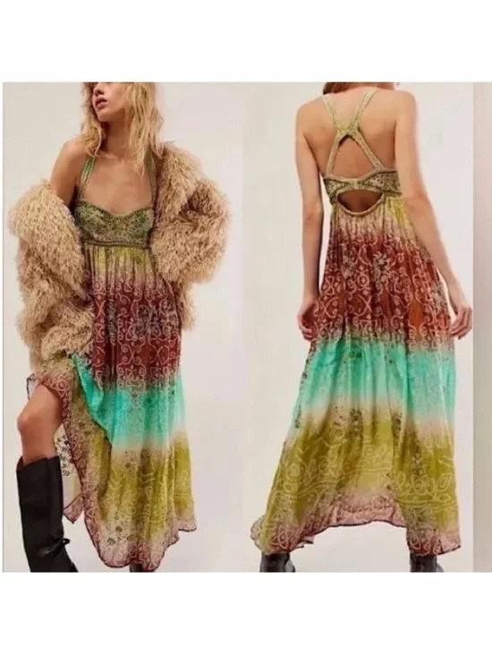 Free People Small Dress Into The Nights Maxi Embroidered lined boho - Picture 4 of 11